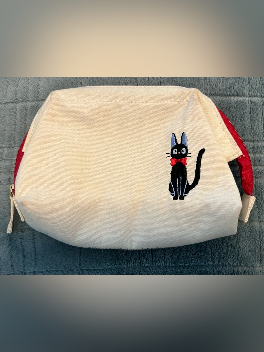Cream Cosmetic Pouch with Black Cat Embroidery and Red Accents From Japan